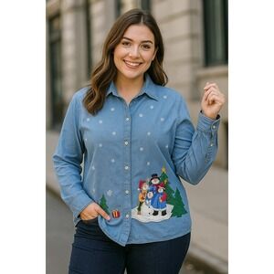 The Quacker Factory Women's Denim Christmas Embroidered Shirt Size 2X Festivel